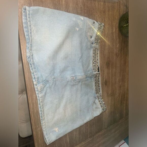 - Retrofete Women's Blue Denim Mini Skirt Size 32 Rhinestone Embellished - Picture 12 of 14